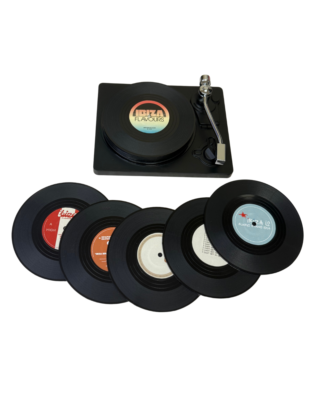 Ibiza Flavours™ Vinyl Coffee Coasters + Turntable Holder (Set of 6)