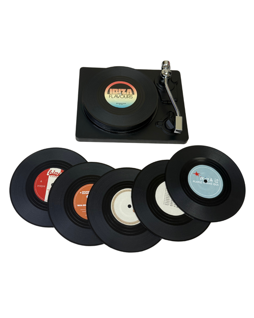 Ibiza Flavours™ Vinyl Coffee Coasters + Turntable Holder (Set of 6)